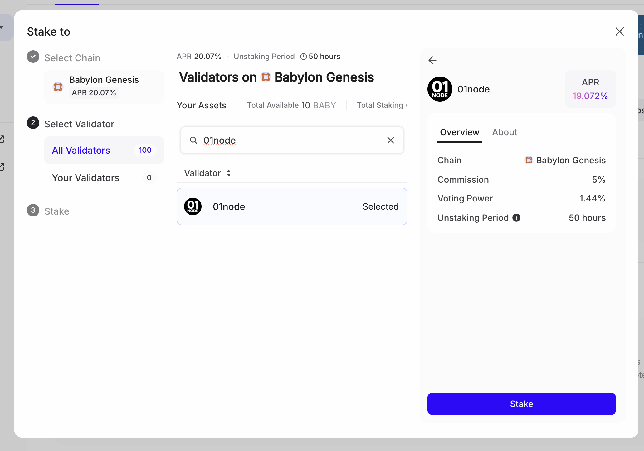 3. Staking Baby On Babylon With 01Node Validator