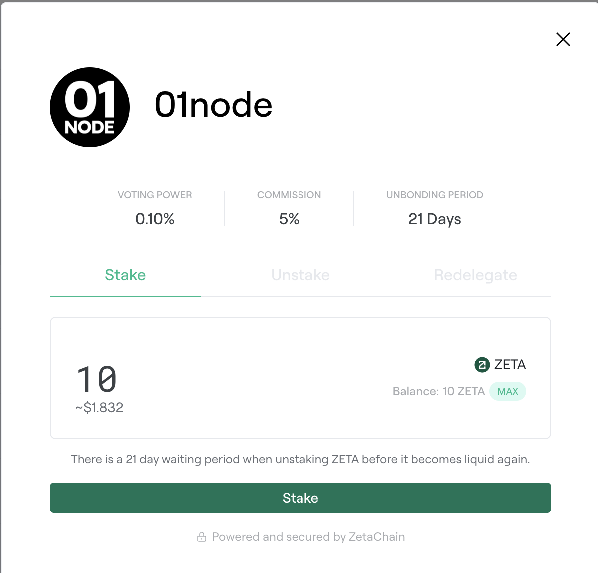 3. Zetachain Staking Via 01Node